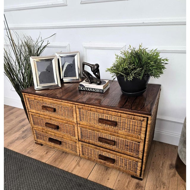 Boho Chic Vintage Italian Bamboo and Rattan Bohemian Chest of Drawers, 1960s For Sale - Image 3 of 9