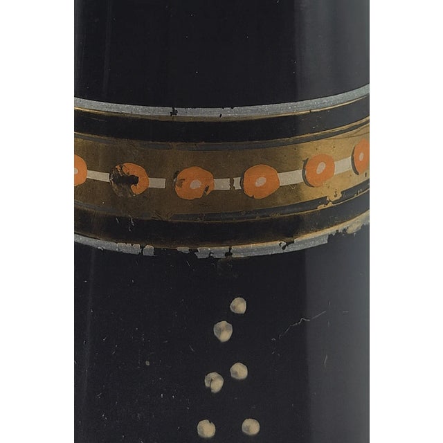 Elegant Art Deco hand-blown black amethyst glass vase, dating to the 1930s, featuring a striking geometric hand-painted...