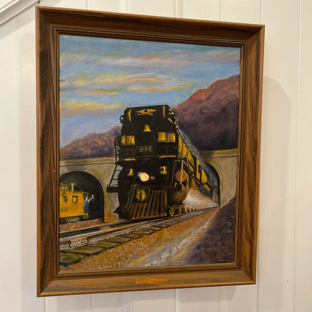 Oil on artboard painting of steam engine approaching. Beautifully handled shading and tones blue and brown in a wood...