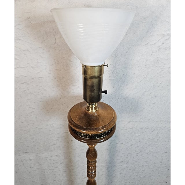 Vintage MCM Torchiere Style Wooden & Brass Floor Lamp Milk Glass Shade For Sale In Phoenix - Image 6 of 10