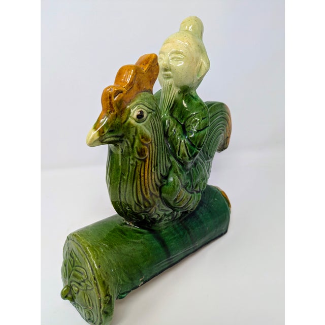 Green Antique Chinese Qing Dynasty Sancai-Glazed Roof Tile: Immortal Riding Rooster For Sale - Image 8 of 9
