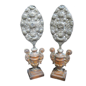 Antique Italian Rococo Ornate Carved Wood Embossed Brass Lumiere Candle Pair