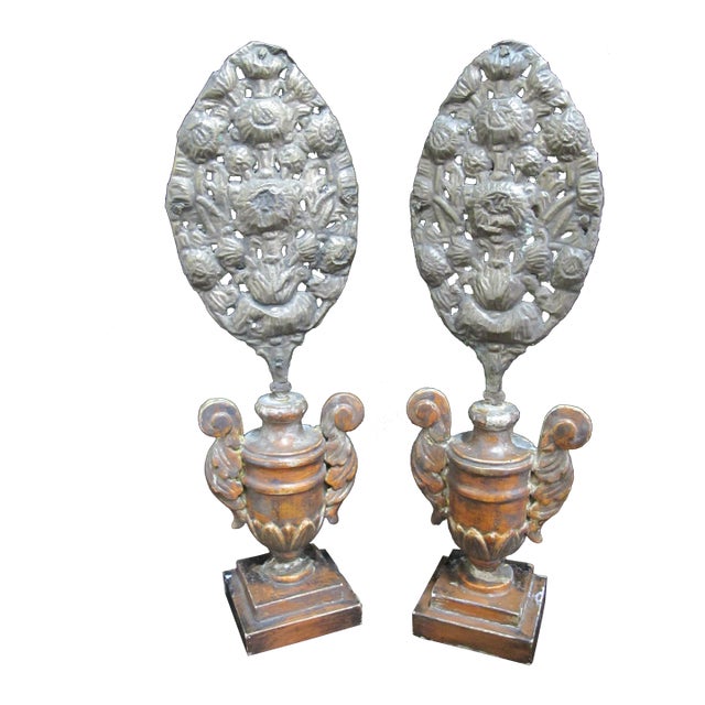 Italian 19thc Ornate Brass & Wood Flambeau Altar Candle Reflector Pair For Sale