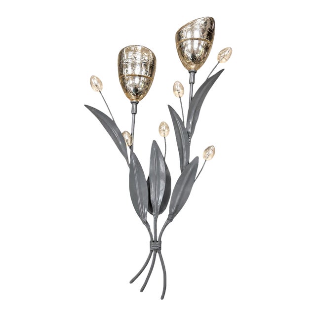 Vintage Botanical Metal & Glass Wall Sculpture | Floral Candle Holder For Sale