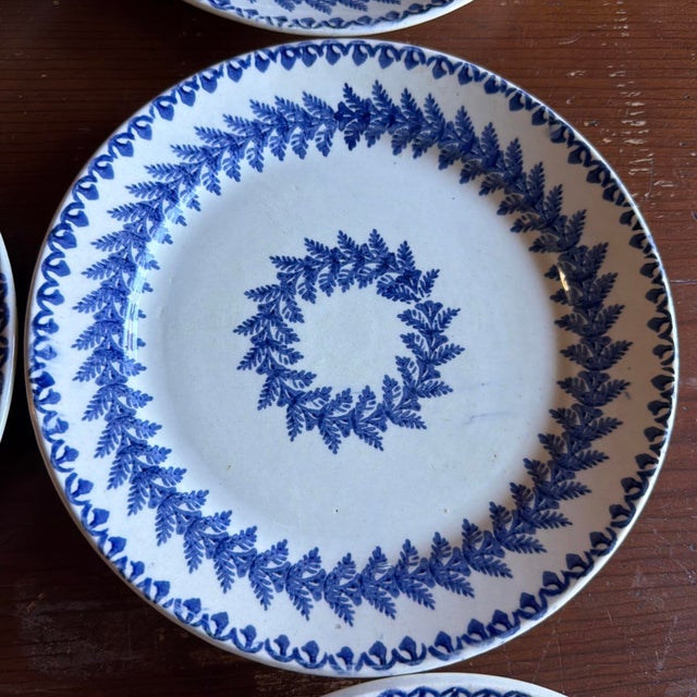 Set of 6 Antique Blue Stick Spatter Fern Plates, 8", Late 19th Century For Sale - Image 17 of 18