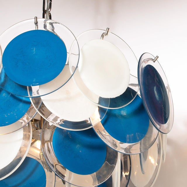 Modernist Four-Tier White & Cerulean Murano Glass Disc Chandelier For Sale - Image 10 of 12