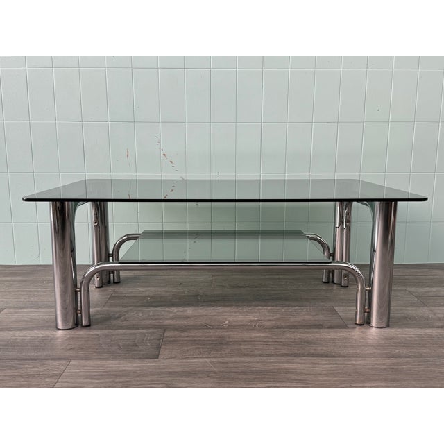 Italian Coffee Table in Chromed Steel and Smoked Glass, 1970s For Sale - Image 13 of 13