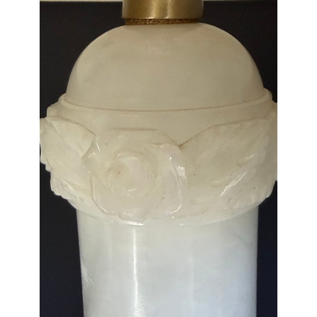 Antique Italian Carved Alabaster Table Lamp With Rose Relief Decoration & Pleated Silk Shade For Sale - Image 10 of 12