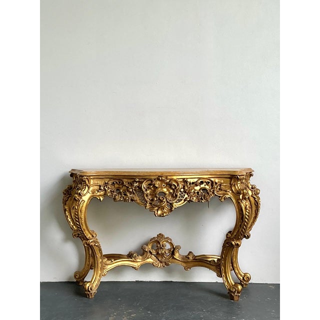 Mid 20th Century Antique Giltwood Rococo Style Console Marble Top Table For Sale - Image 5 of 18