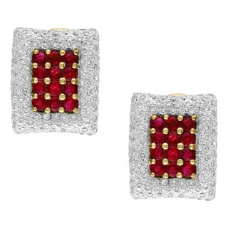 Estate 3 Ct Ruby & 3 Ct Diamonds Square Post Earrings 18 Karat Yellow Gold 13.5G For Sale