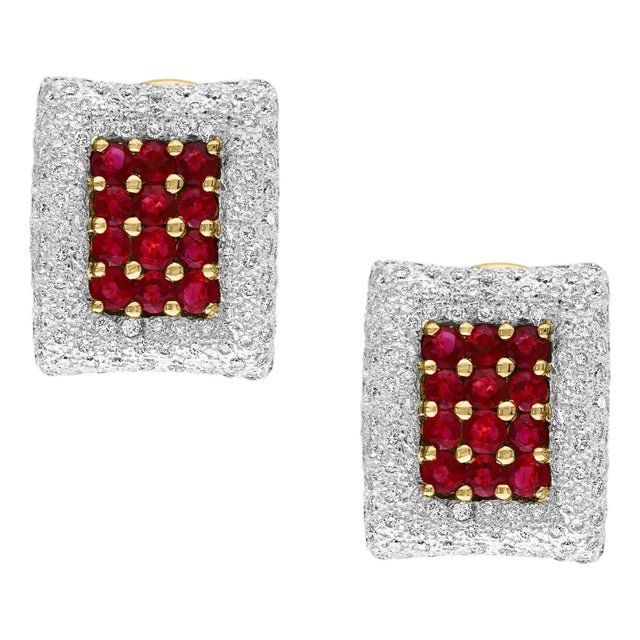 Estate 3 Ct Ruby & 3 Ct Diamonds Square Post Earrings 18 Karat Yellow Gold 13.5G For Sale