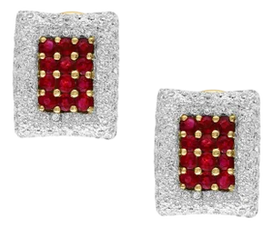Estate 3 Ct Ruby & 3 Ct Diamonds Square Post Earrings 18 Karat Yellow Gold 13.5G
