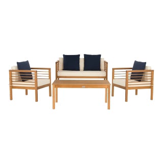 Outdoor Set With Accent Pillows in Natural & Navy - 4 Pieces For Sale