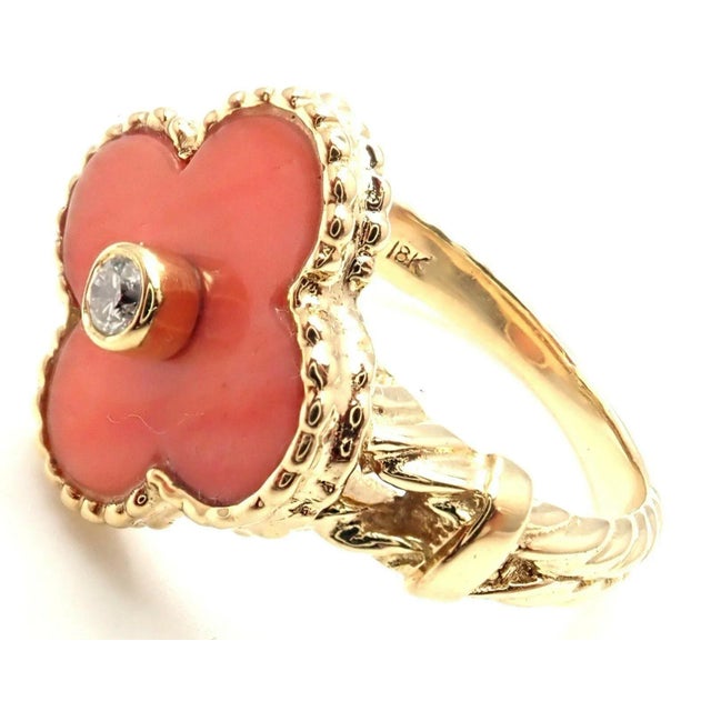 Gold Van Cleef & Arpels Alhambra 18k Yellow Gold Coral Diamond Ring, size 4.75 For Sale - Image 8 of 10