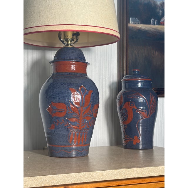 Royal Blue Vintage David T. Smith’s …1986 Turtle Creek Pottery … Ceramic Glazed Lamp For Sale - Image 8 of 12