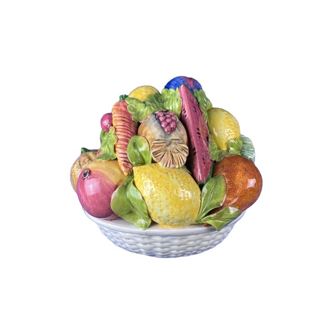 Large Vintage Terra Cotta Glazed Della Robbia Ceramic Woven Basket With Fruit Assortment For Sale - Image 4 of 8