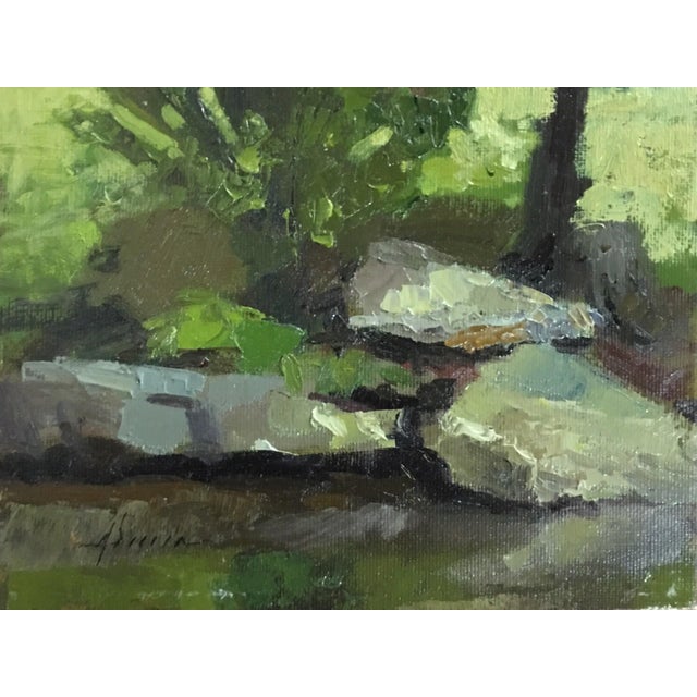 Lilies by Jason Sacran | Oil on panel Painting of rocks and greenery by water. For Sale
