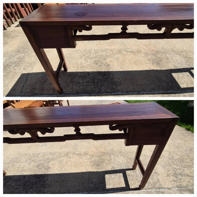 Wood Vintage Asian Carved Elm Wood Extra Long 74” Altar Table Console Table Sideboard W/ 2 Drawers For Sale - Image 7 of 12