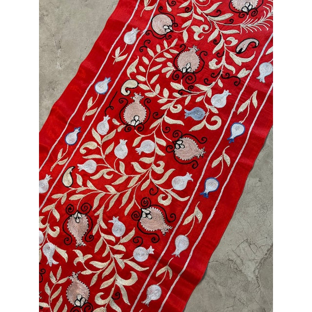 Mid-Century Modern Red Silk Suzani Table Runner With Cream Vine Scrolls For Sale - Image 3 of 9