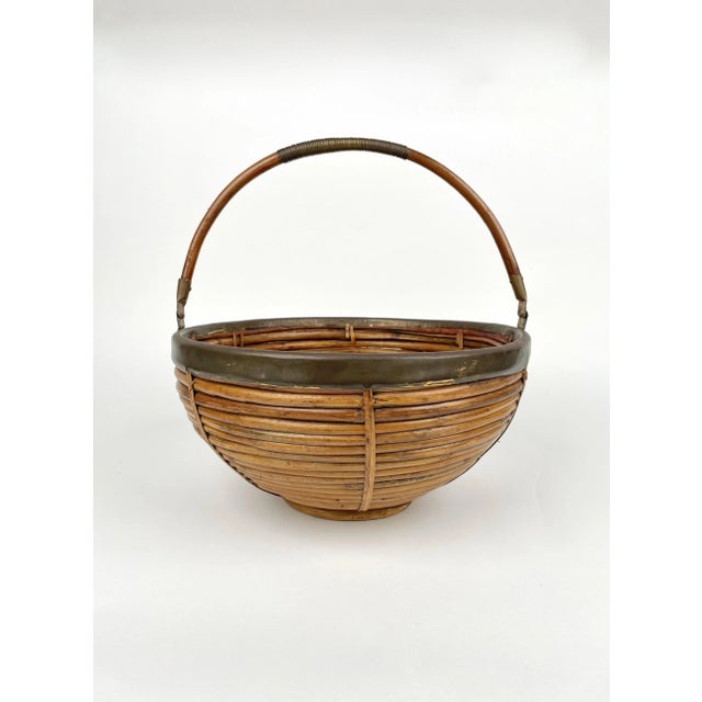 Large Italian Rattan & Brass Basket, 1970s For Sale - Image 6 of 12