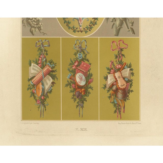 This richly detailed chromolithograph, Plate XCIX from *L'Ornement Polychrome*, presents a refined selection of 18th-...