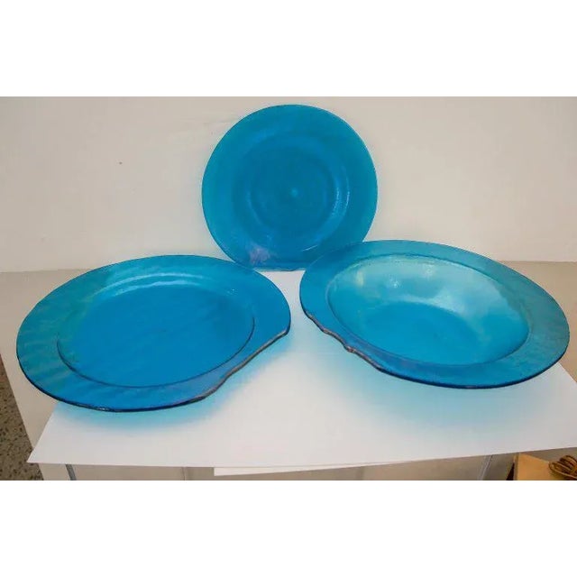 1991 Artisan Signed Blue Glass Dinnerware - Set of 3 For Sale In West Palm - Image 6 of 6