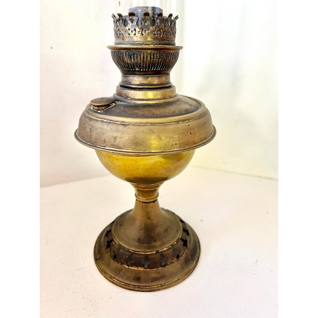 1920s Early 20th Century Brass Metal Oil Lamp Glass Chimney Antique Wick For Sale - Image 5 of 13