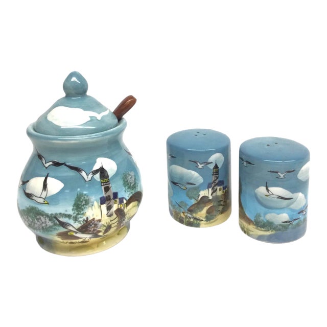 Vintage Hand Painted Salt & Pepper & Covered Salt Cellar or Sugar Bowl- Set of 3 For Sale