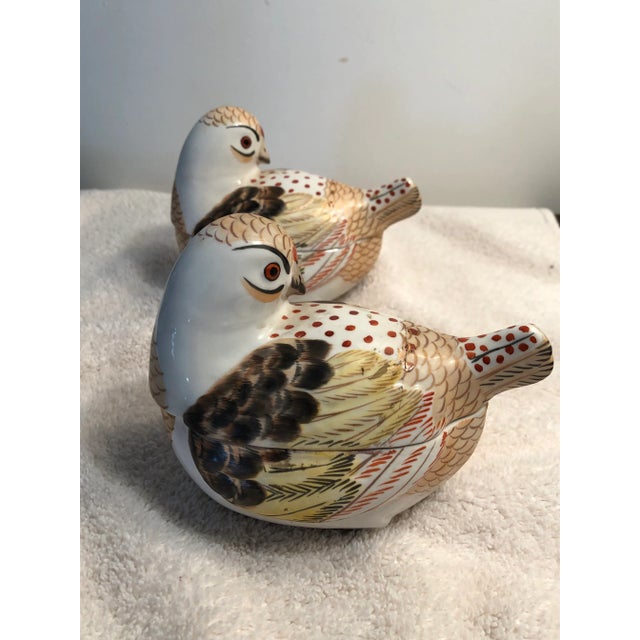 Pair of Italian hand painted porcelain bird form boxes. Nicely painted and very decorative.
