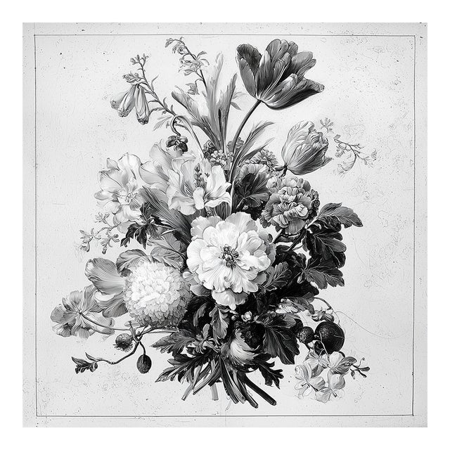 18' X 18' Original Black and White Botanical Fine Art Print, Unframed For Sale