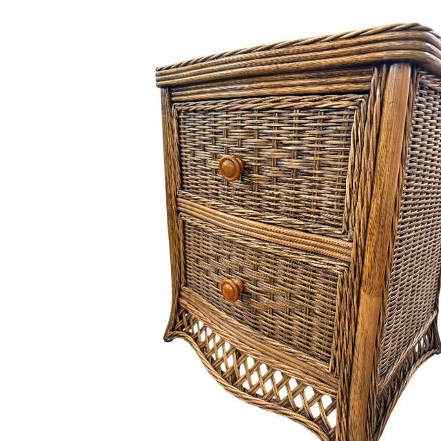 Brown Tommy Bahama Style Woven Rattan Two-Drawer Nightstands – Pair For Sale - Image 8 of 8