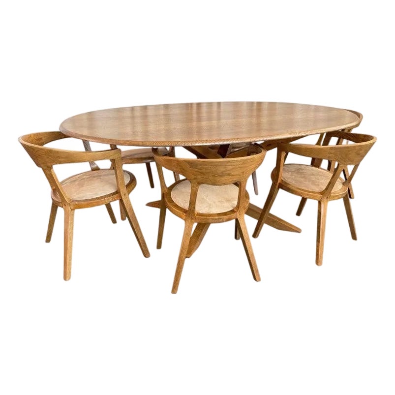 1970s Mid-Century Artisan-Made Oak Bentwood Oval Dining Set | Chairish