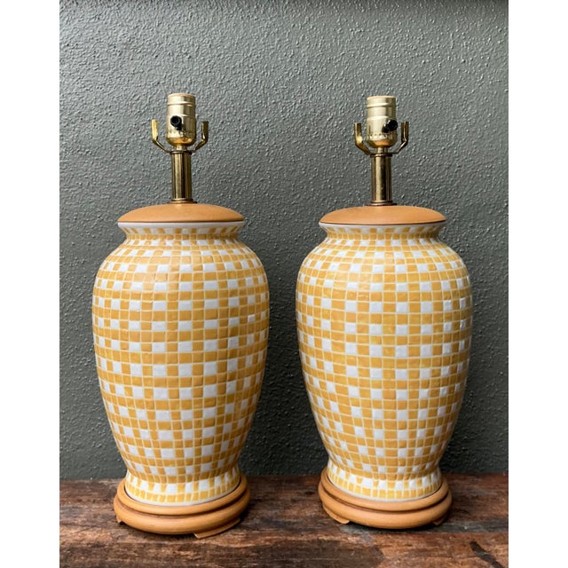 Mid-Century Modern Vintage Glazed Ceramic Grid Lamps - A Pair For Sale - Image 3 of 12