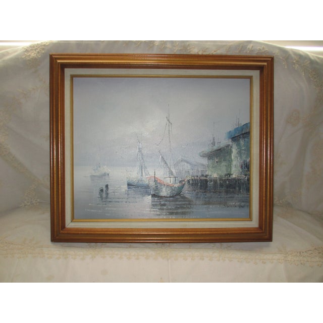 This is a Lovely Vintage Sunset Seascape on Canvas of a Fishing Village with Ships and Seagulls in a Beautiful Soft Muted...