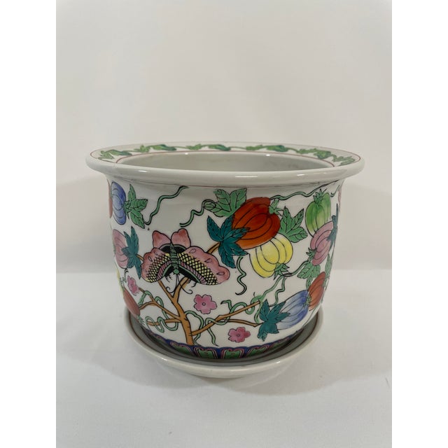 Mid 20th Century Porcelain Famille Rose Cachepot Planter With Drain Plate For Sale - Image 4 of 17