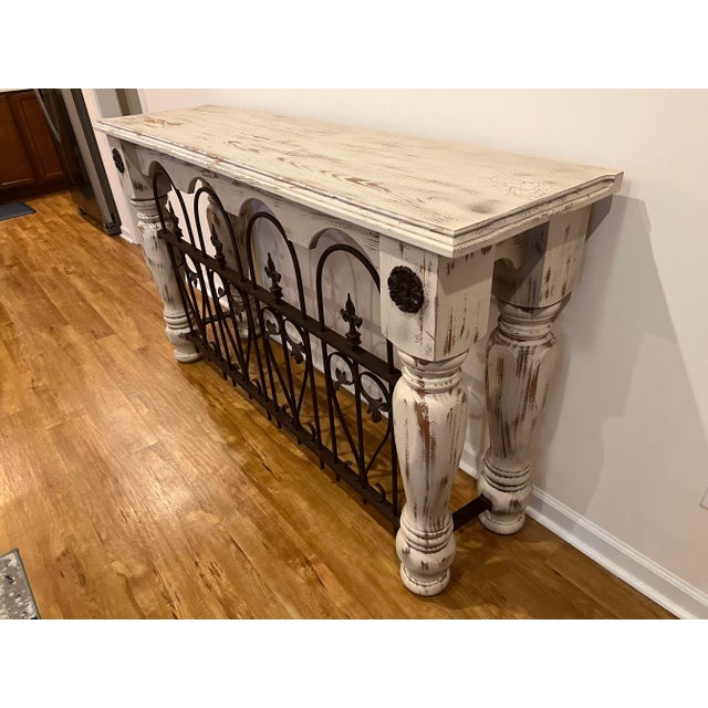 Wood Mid 20th Century Handmade French Architectural Salvage Console Table With Distressed Cream Colored Paint and Thick Turned Legs on Bun Feet For Sale - Image 7 of 13