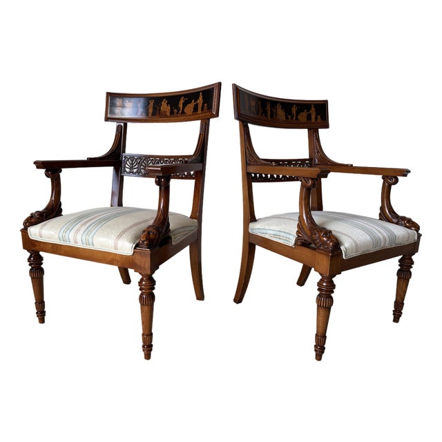 Vintage Neoclassical George Jacob-Style Carved Wood Armchairs – A Pair For Sale