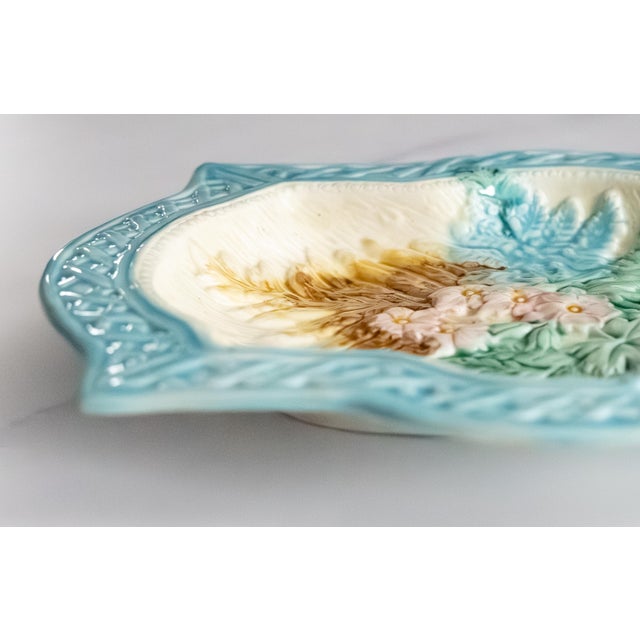 19th Century English Majolica Turquoise Basketweave Floral Platter For Sale - Image 4 of 9