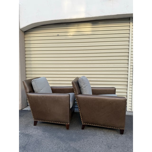 Transitional Lee Industries Leather Club Chairs - Pair With Nailhead Trim, Designer Style, Priced to Sell For Sale - Image 3 of 6