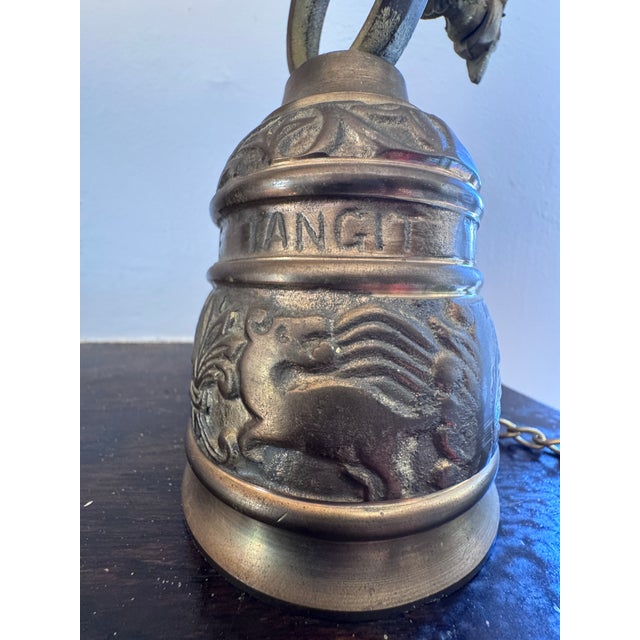 Metal Vintage Gothic Revival Solid Brass Monastery Bell With Ornate Angel Bracket – 20” For Sale - Image 7 of 10
