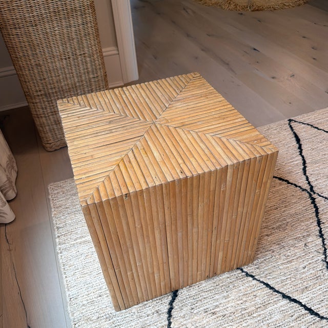 Wood Vintage Split Reed Rattan/Bamboo Cube Side Table in the Style of Gabriella Crespi For Sale - Image 7 of 10
