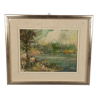 A. Capello, River Landscape Fisherman, 1990s, Oil, Framed For Sale