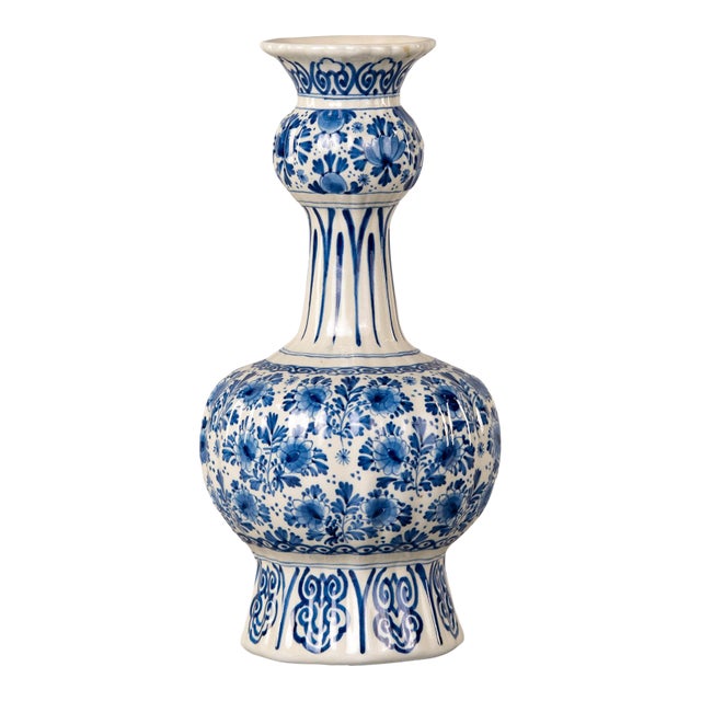 19th Century Dutch Delft Blue and White Garlic Neck Vase For Sale