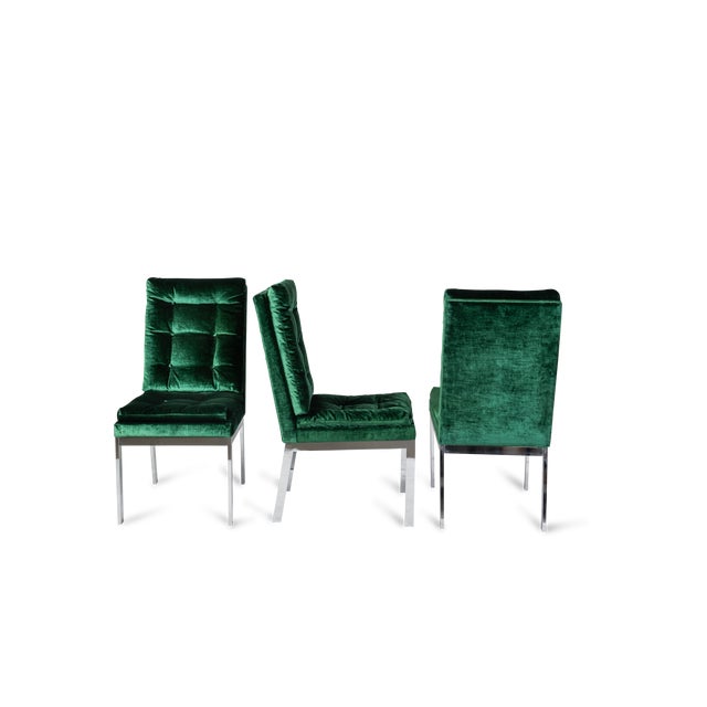 Contemporary 1960s Green Velvet Upholstered Chrome Frame Dining Side Chairs - Set of 6 For Sale - Image 3 of 3