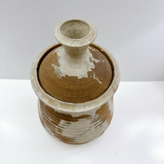 Mid-Century Modern Vintage Studio Pottery Lidded Canister Signed Handmade Stoneware Rustic Wabi Sabi For Sale - Image 3 of 12