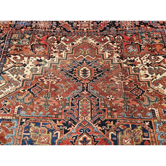 Persian Antique Persian Heriz Karajeh Rug, Hand-Knotted Wool, Geometric Design, Brick & Navy, 9x12 For Sale - Image 3 of 10