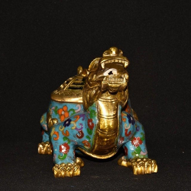Vintage Cloisonné Enamel Gilt Bronze Dragon Turtle Censer Incense Burner With Bagua Lid For Sale - Image 4 of 9
