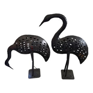 Pair Metal Flamingos Candle Holders For Sale