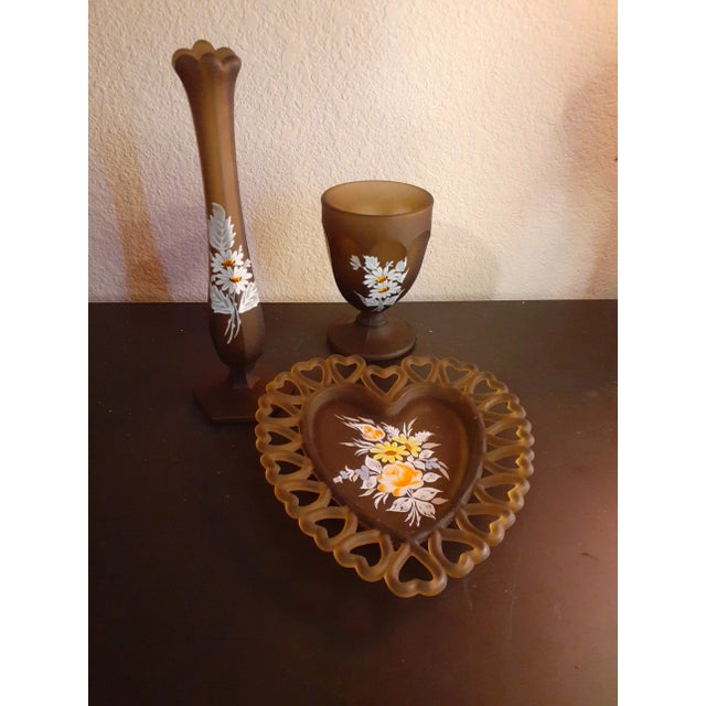 Glass 1970s Westmoreland Frosted Brown Satin Hand Painted Glass Set - 3 Pieces For Sale - Image 7 of 7
