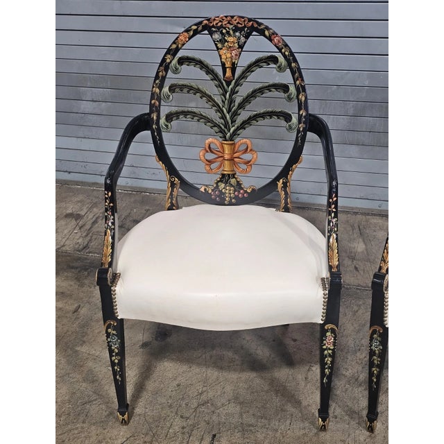 Hepplewhite Late 20th Century Pair of Karges Hepplewhite Plum Arm Chairs Ebonized, Carved Hand Painted Leather Fabric For Sale - Image 3 of 14